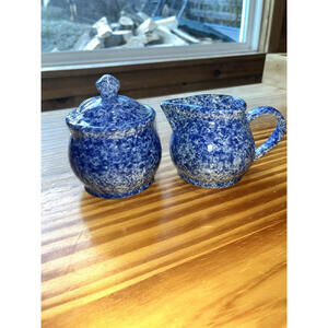 Sugar and Creamer Sponge Blue Pottery Hand Turned